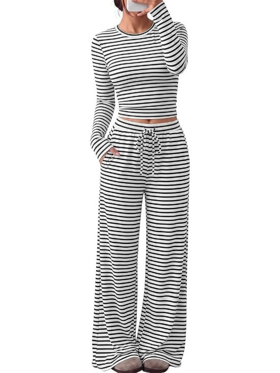 Pants - Women Striped White Black Winter Style Airport Lounge Set Pockets Wide Leg Pants